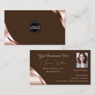 Rose Gold Corners Coffee Brown with Logo and Photo Business Card