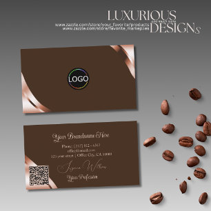 Rose Gold Corners Coffee Brown with Logo QR Code Business Card