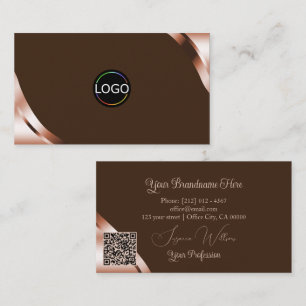 Rose Gold Corners Coffee Brown with Logo QR Code Business Card