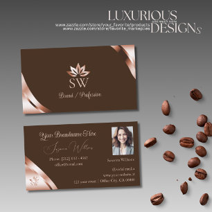 Rose Gold Corners Coffee Brown with Monogram Photo Business Card