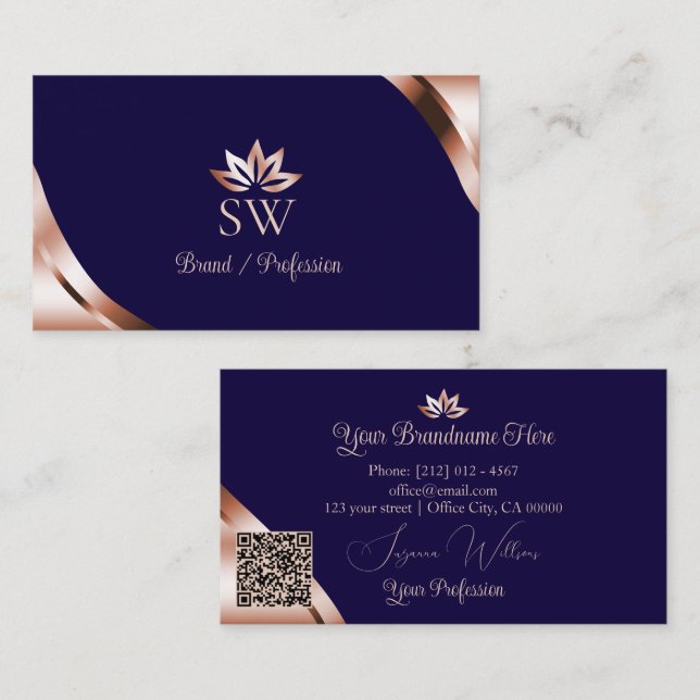 Rose Gold Corners Deep Blue with Monogram QR Code Business Card (Front/Back)