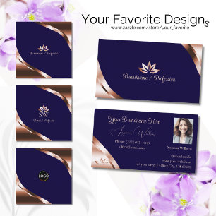 Rose Gold Corners Deep Blue with Petals and Photo Business Card