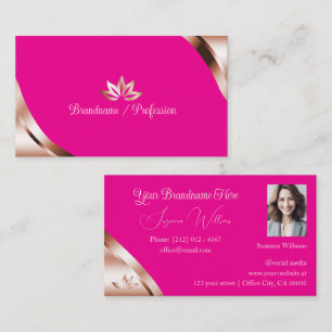 Rose Gold Corners Hot Pink with Petals and Photo Business Card