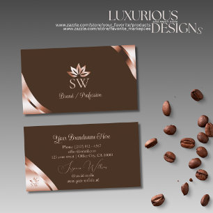 Rose Gold Corners on Coffee Brown with Monogram Business Card