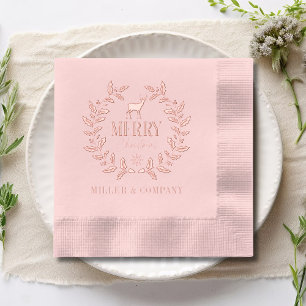 Rose Gold Corporate Christmas Deer Wreath Foil Napkins