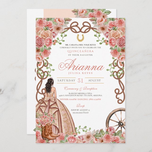 Rose Gold Country Western Charra Quinceañera Invitation (Front/Back)