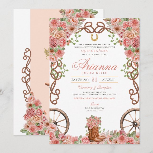 Rose Gold Country Western Charra Ranch Quinceañera Invitation (Front/Back)