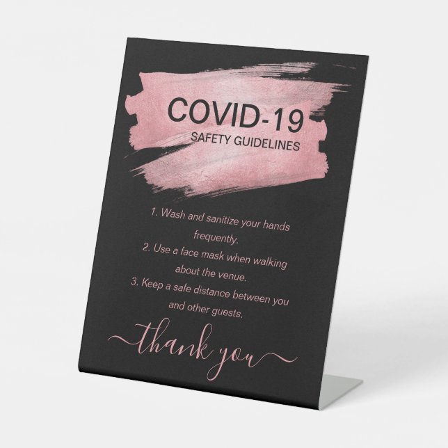 Rose Gold Covid Safety Guidelines Party Black Pedestal Sign (Front)