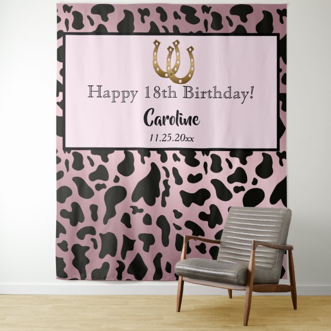 Rose Gold Cow Spots & Gold Horseshoe Birthday  Tapestry (In Situ)