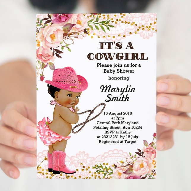 Rose Gold Cowgirl Baby Shower African American Invitation (Creator Uploaded)
