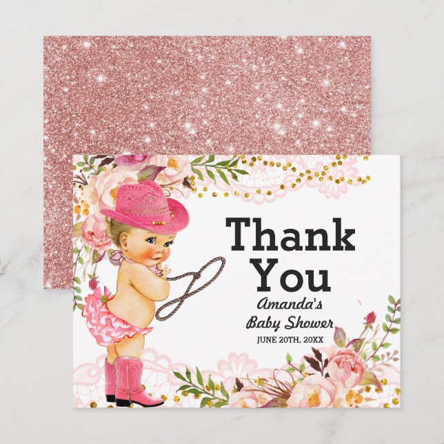 Rose Gold Cowgirl Baby Shower Girl Thank You Card (Front/Back)