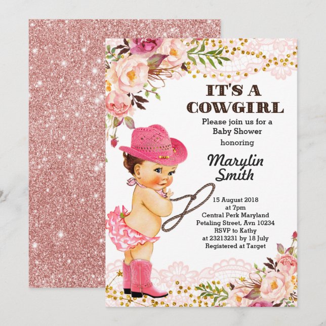 Rose Gold Cowgirl Baby Shower lace Invitation (Front/Back)