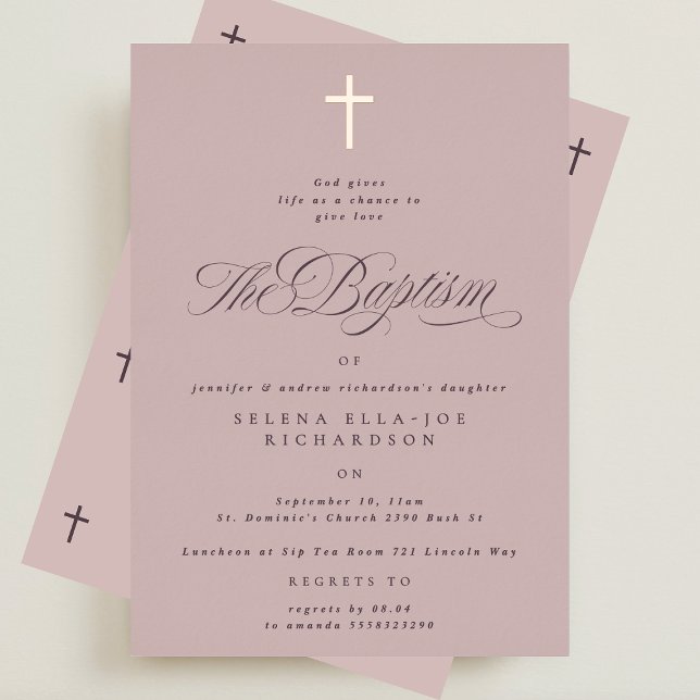 Rose Gold Cross Calligraphy Pink Baptism Invite (Creator Uploaded)