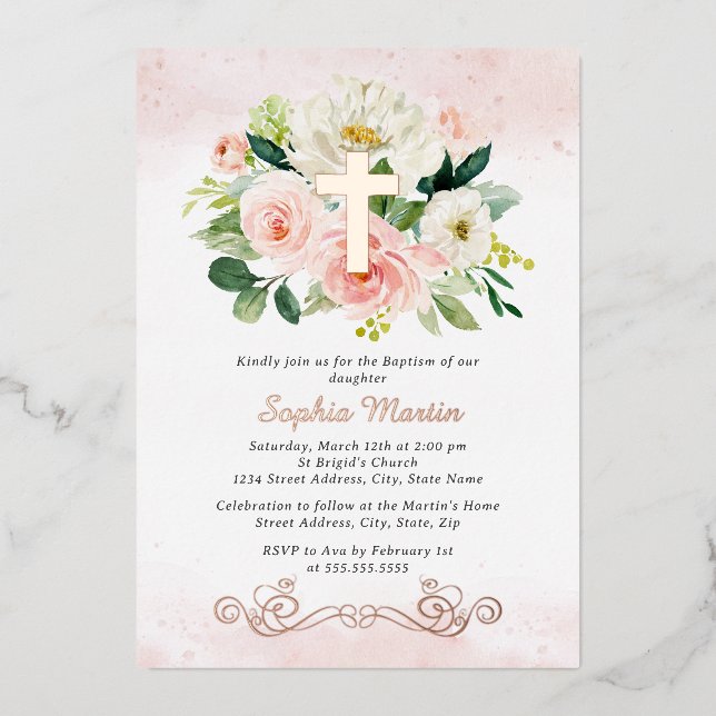 Rose Gold Cross Floral Girl Pink Baptism  (Front)