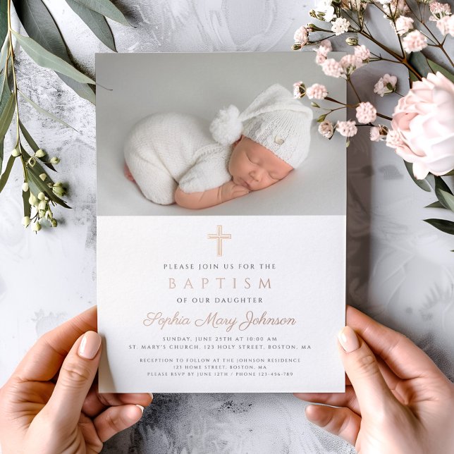 Rose Gold Cross Mauve Girl Photo Baptism (Rose Gold Cross Mauve Girl Photo Baptism Foil Invitation)