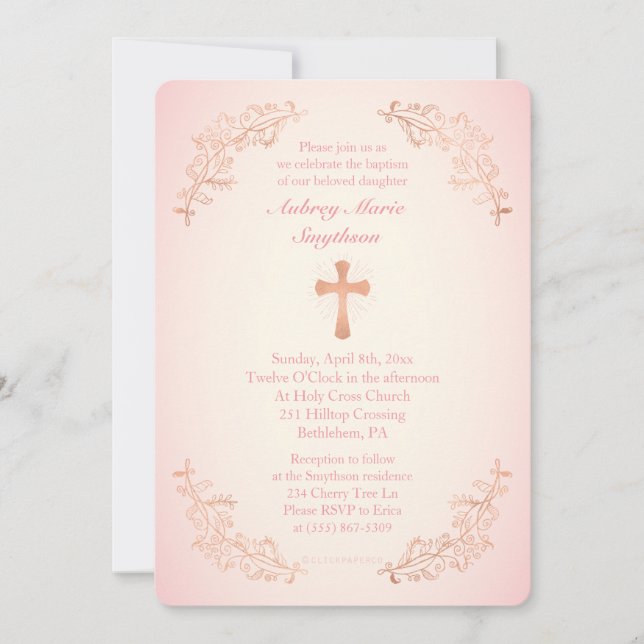 Rose Gold Cross Pink Baptism Photo Invitation (Front)