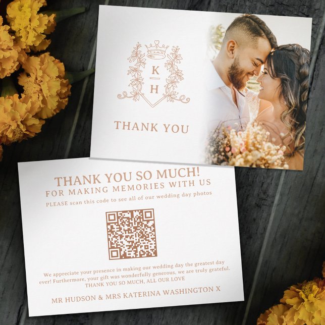 Rose gold crown monogram wedding photo QR Code Thank You Card (Creator Uploaded)