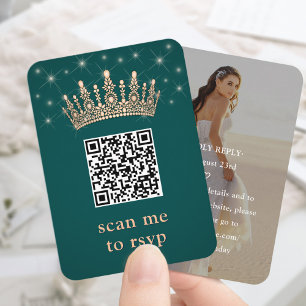 Rose Gold Crown Quinceañera Photo QR RSVP Green Enclosure Card