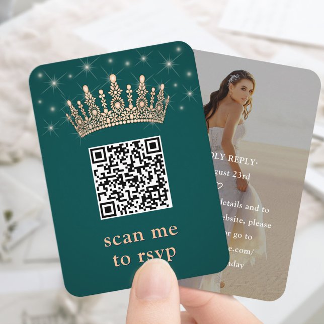 Rose Gold Crown Quinceañera Photo QR RSVP Green Enclosure Card (Creator Uploaded)