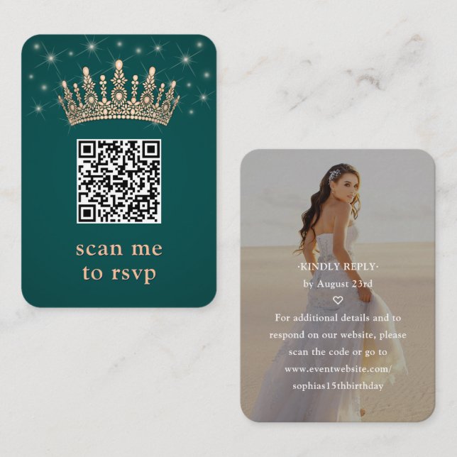 Rose Gold Crown Quinceañera Photo QR RSVP Green Enclosure Card (Front/Back)