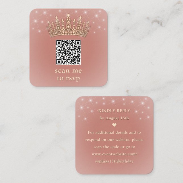 Rose Gold Crown Quinceañera Scan Me QR Code RSVP Enclosure Card (Front/Back)