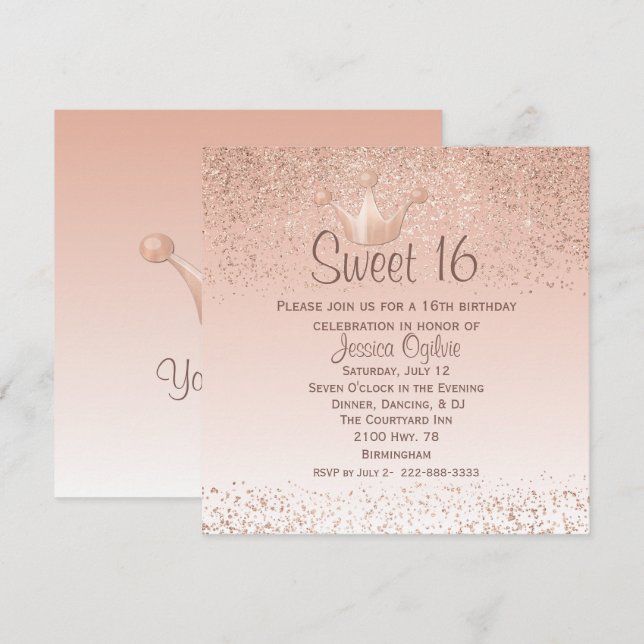 Rose Gold Crown Sweet 16 Birthday Invitation (Front/Back)