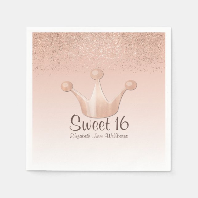 Rose Gold Crown Sweet 16 Paper Napkins (Front)