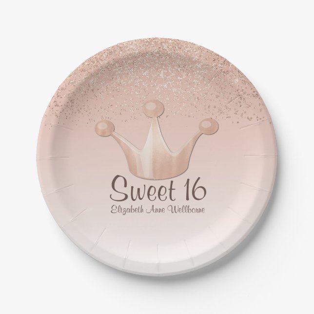 Rose Gold Crown Sweet 16 Paper Plate (Front)