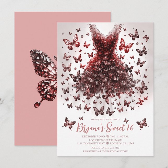 Rose Gold Crystal Butterfly Dress Invitation (Front/Back)