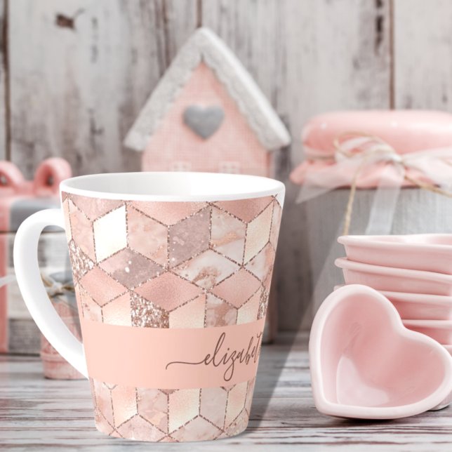 Rose gold cube marble name glittere script latte mug (Creator Uploaded)