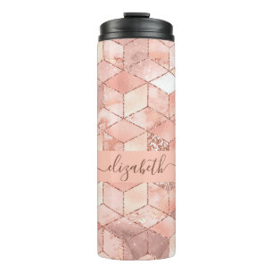 Rose gold cube marble name script thermal tumbler