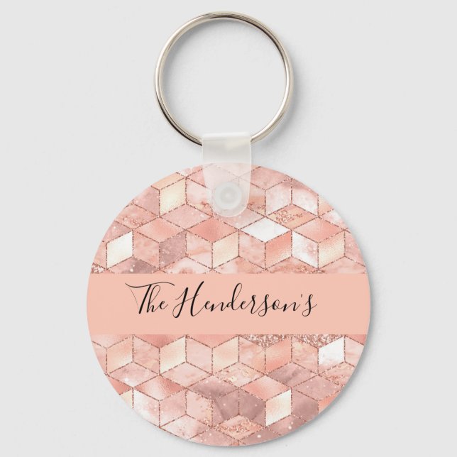 Rose gold cube pattern family monogram script key ring (Front)