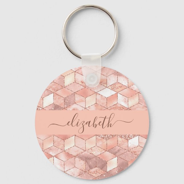 Rose gold cube pattern name monogram script key ring (Front)