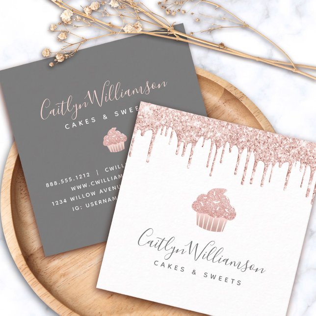 Rose Gold Cupcake Glitter Drips Bakery Pastry Chef Square Business Card (Creator Uploaded)