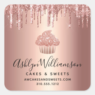 Rose Gold Cupcake Glitter Drips Pastry Chef Bakery Square Sticker