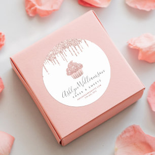 Rose Gold Cupcake Pastry Chef Bakery Glitter Drips Classic Round Sticker