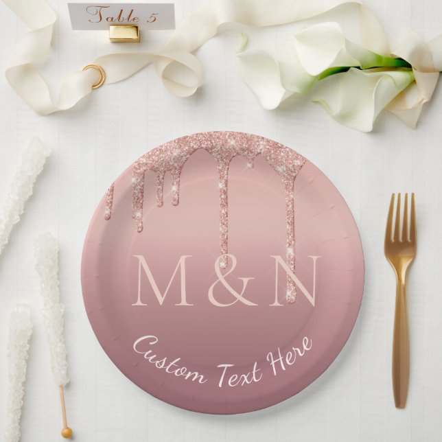 Rose Gold Custom Letters Text Name Paper Plates (Wedding)