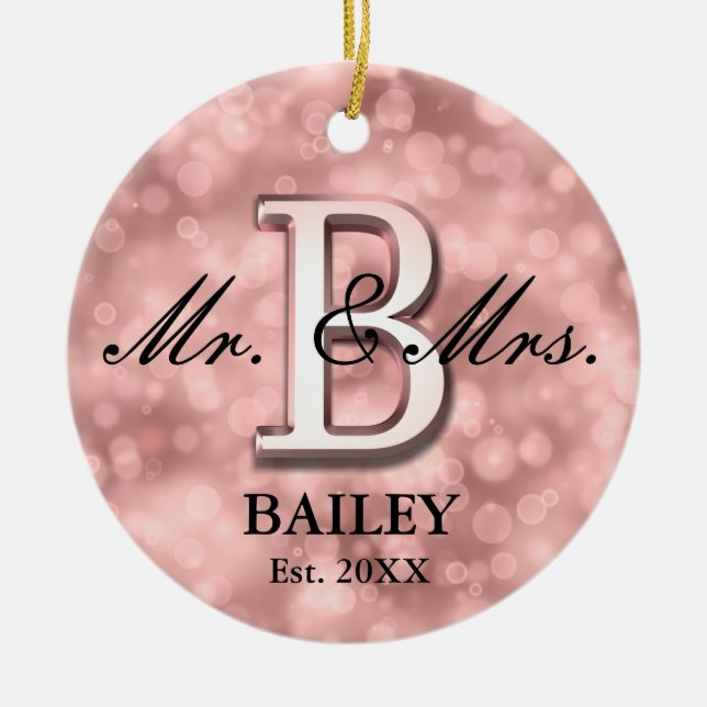 Rose Gold Custom Newlywed Ceramic Tree Decoration (Front)