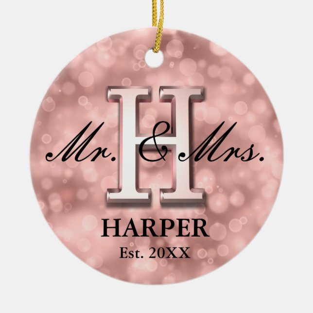 Rose Gold Custom Newlywed Ceramic Tree Decoration (Front)