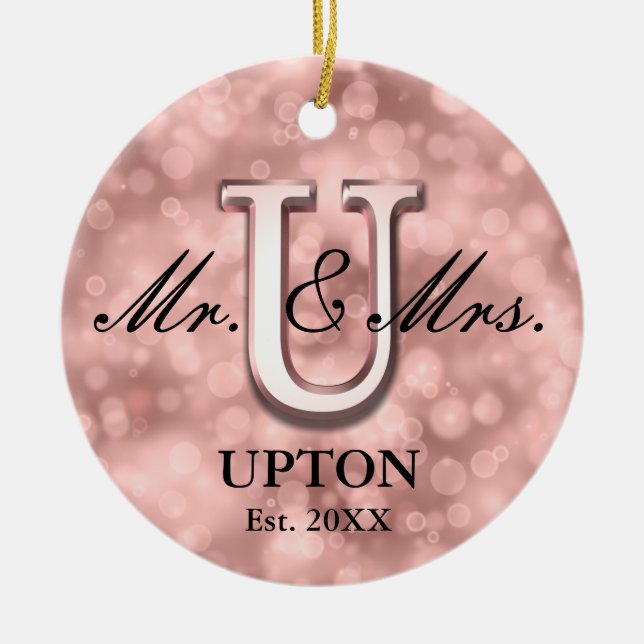 Rose Gold Custom Newlywed Ceramic Tree Decoration (Front)