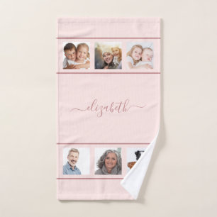 Rose gold custom photo collage monogram script bath towel set
