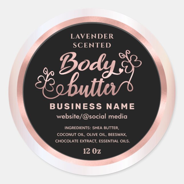 Rose gold cute script butterfly body butter label (Front)