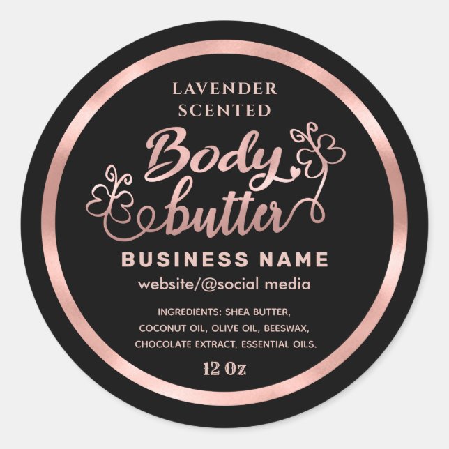 Rose gold cute script butterfly body butter label (Front)