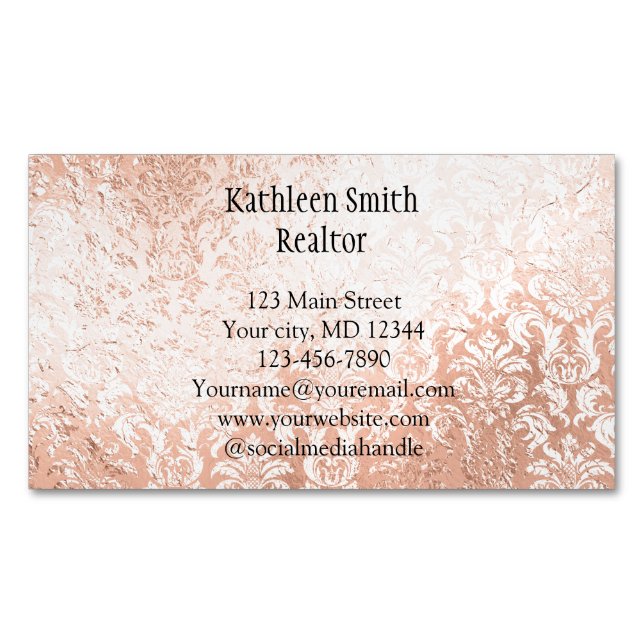 Rose Gold Damask Elegant Feminine Magnetic Business Card (Front)
