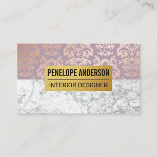 Rose Gold Damask Metallic Pattern   White Marble Business Card