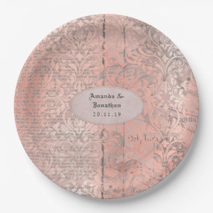 Rose Gold Damask Newsprint Wedding Paper Plate
