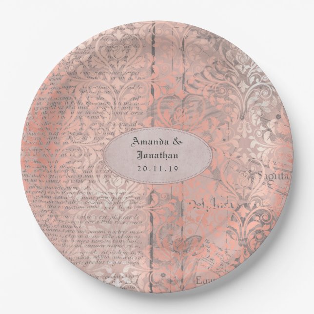 Rose Gold Damask Newsprint Wedding Paper Plate (Front)
