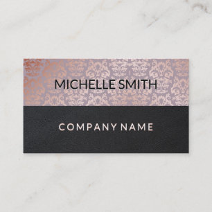 Rose Gold Damask Pattern Black Leather Colour Bloc Business Card