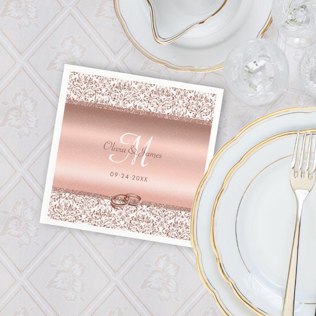 Rose Gold Damask Wedding Monogram Napkin (Creator Uploaded)