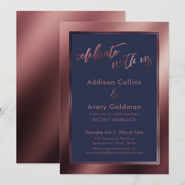 Rose Gold & Dark Navy Blue Celebrate with Us Invitation (Front/Back)